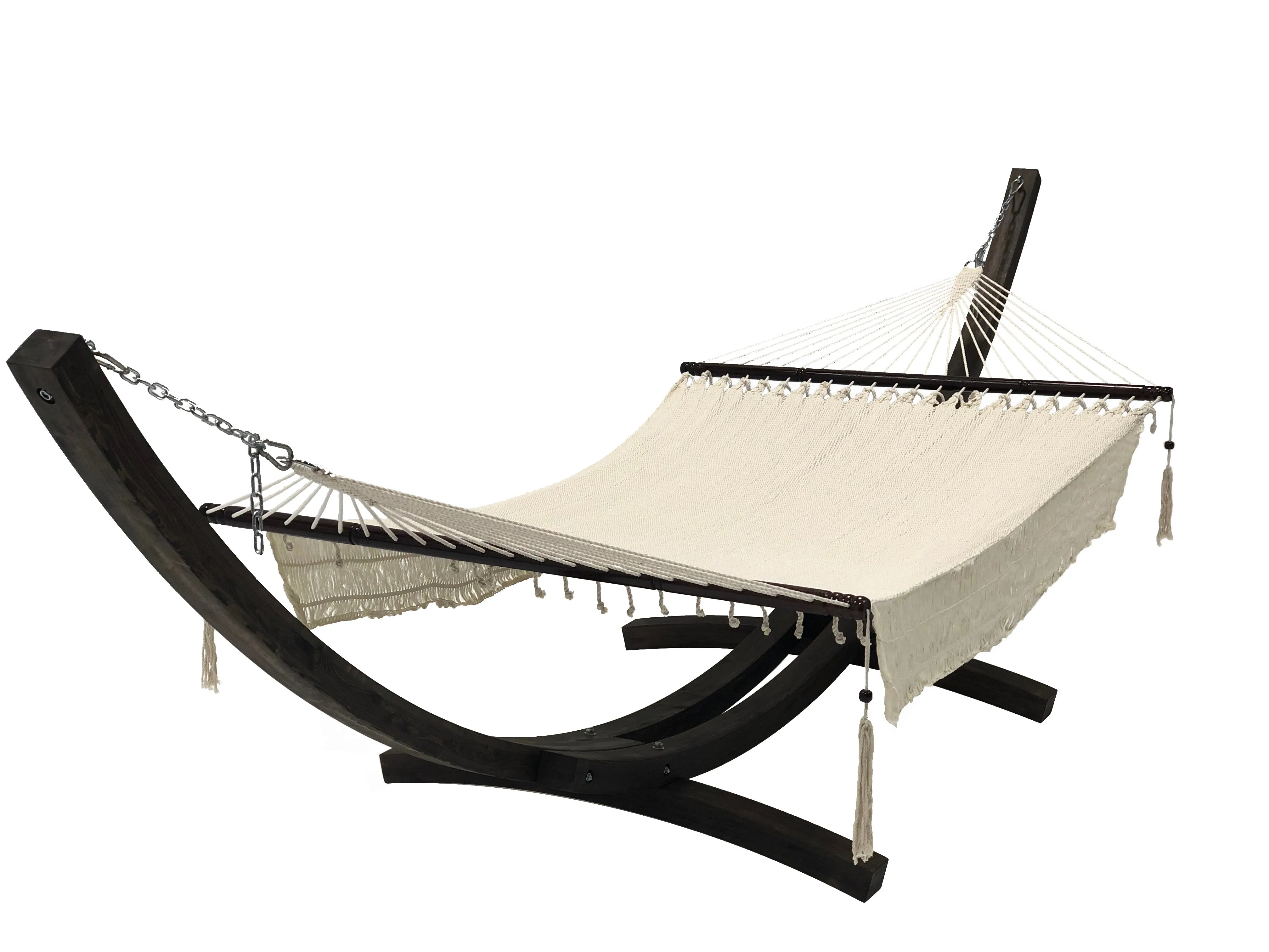 14 Ft. Coffee Stain Wooden Arc Hammock Stand & Hand Woven Bohemian Chic Rope Hammock Bed.