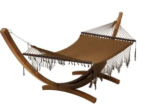 14 Ft. Teak Stain Wooden Arc Hammock Stand & Deluxe Hand Woven Bohemian Chic Rope Hammock Bed.