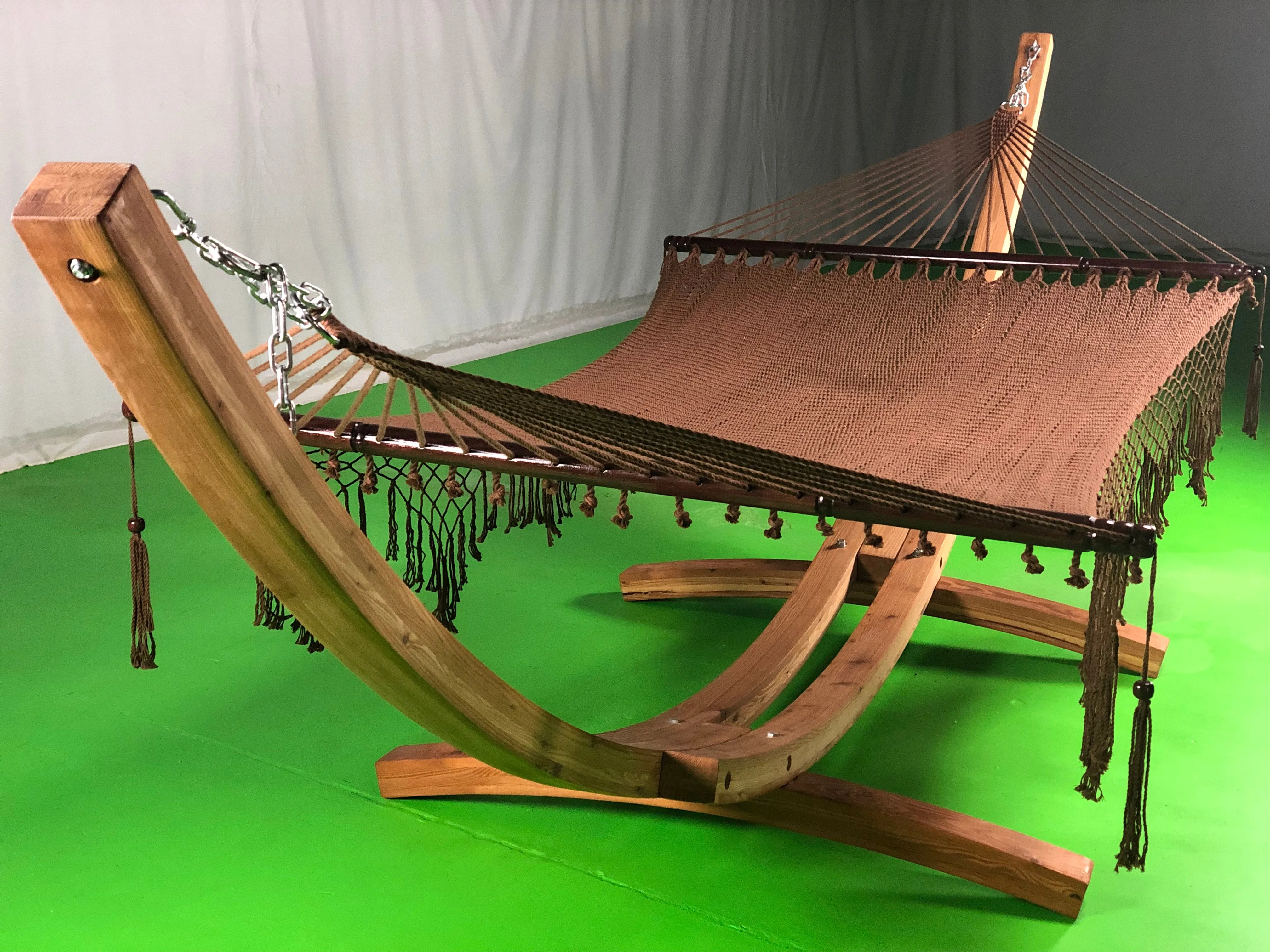 14 Ft. Wooden Arc Hammock Stand &  Hand Woven Bohemian Chic Rope Hammock Bed.