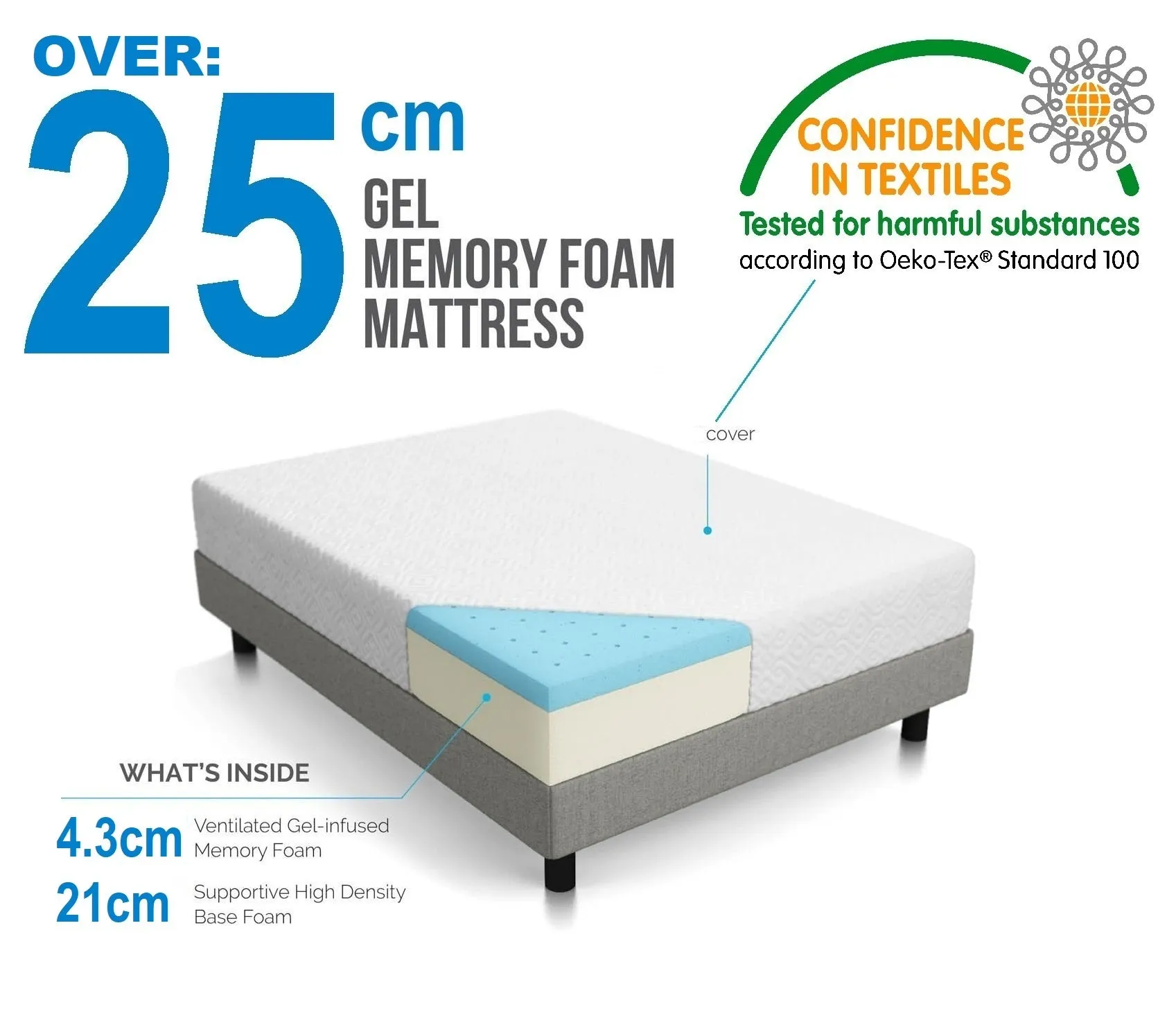 25cm Gel Memory Foam Mattress for King Single - Dual-Layered, CertiPUR-US Certified