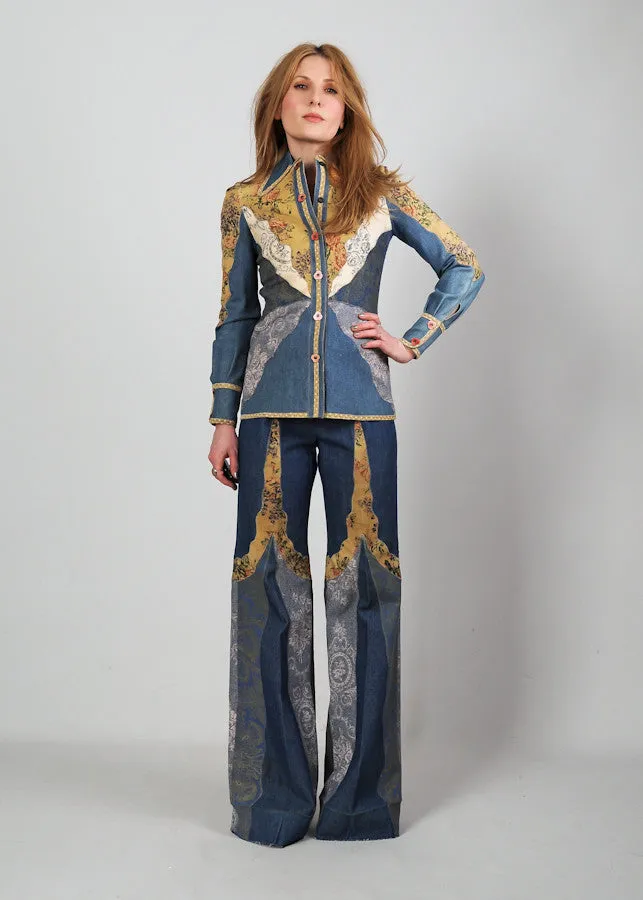 70s Patchwork Denim   Leather Bell Bottom Pantsuit