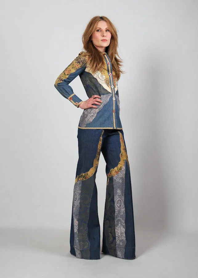 70s Patchwork Denim   Leather Bell Bottom Pantsuit