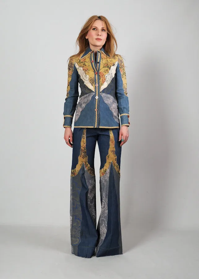 70s Patchwork Denim   Leather Bell Bottom Pantsuit