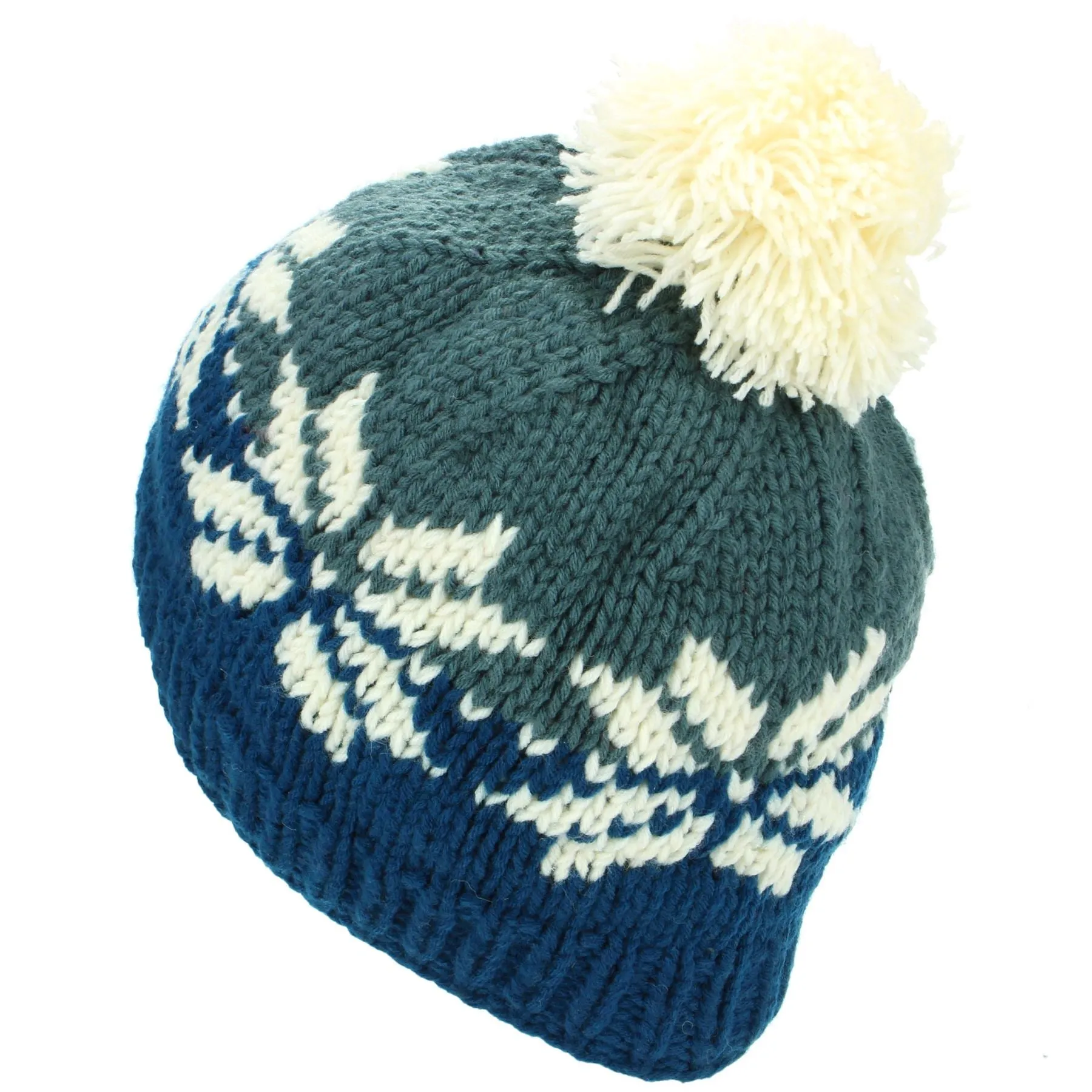 Acrylic Knit Fairisle Beanie Bobble Hat - Teal & Blue