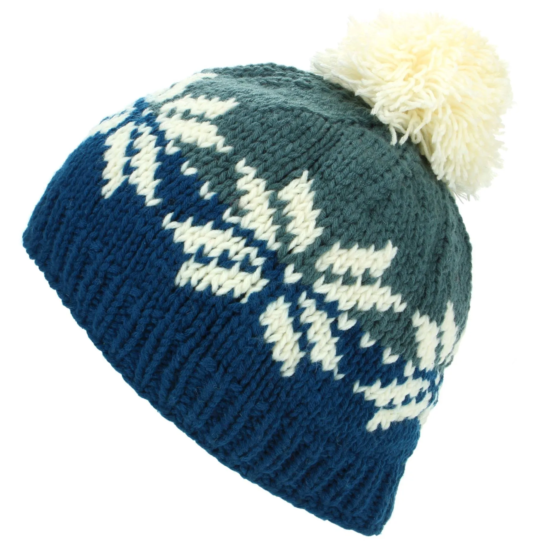 Acrylic Knit Fairisle Beanie Bobble Hat - Teal & Blue