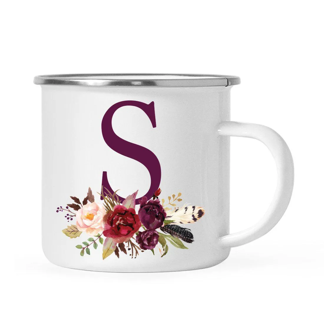 Andaz Press 11oz Bohemian Fall Autumn Burgundy Marsala Floral Flower and Feathers Arrangement Monogram Campfire Coffee Mug