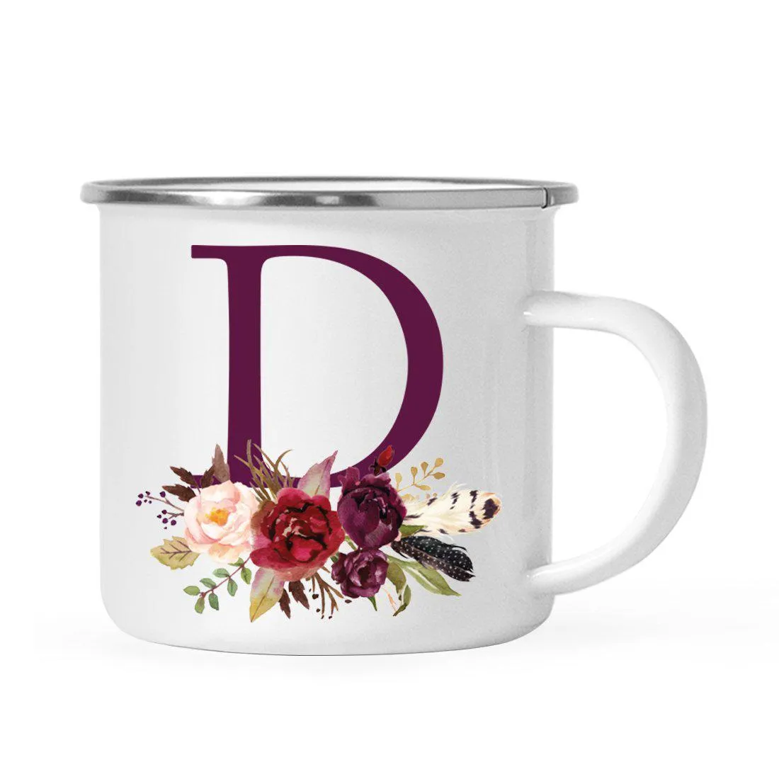 Andaz Press 11oz Bohemian Fall Autumn Burgundy Marsala Floral Flower and Feathers Arrangement Monogram Campfire Coffee Mug