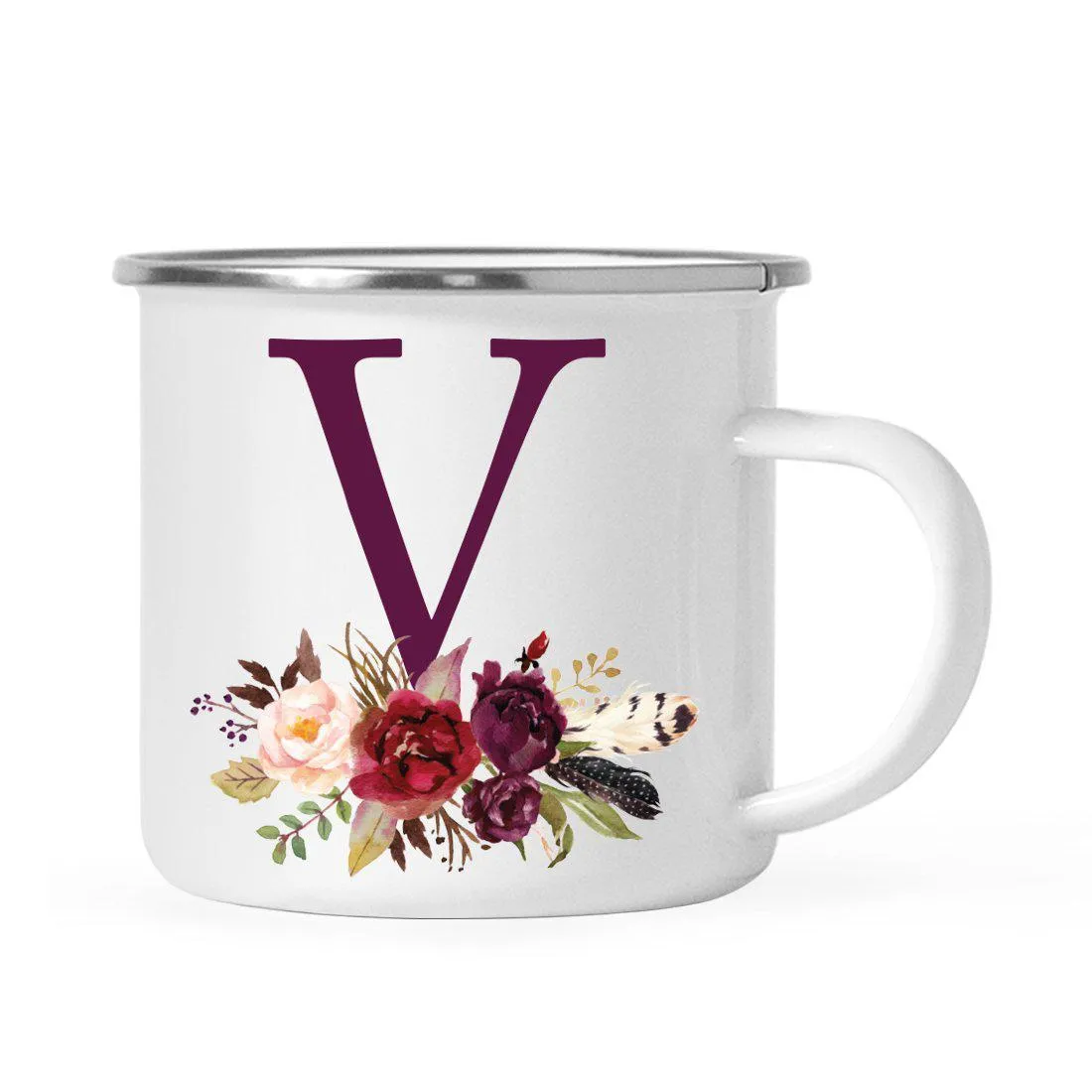 Andaz Press 11oz Bohemian Fall Autumn Burgundy Marsala Floral Flower and Feathers Arrangement Monogram Campfire Coffee Mug