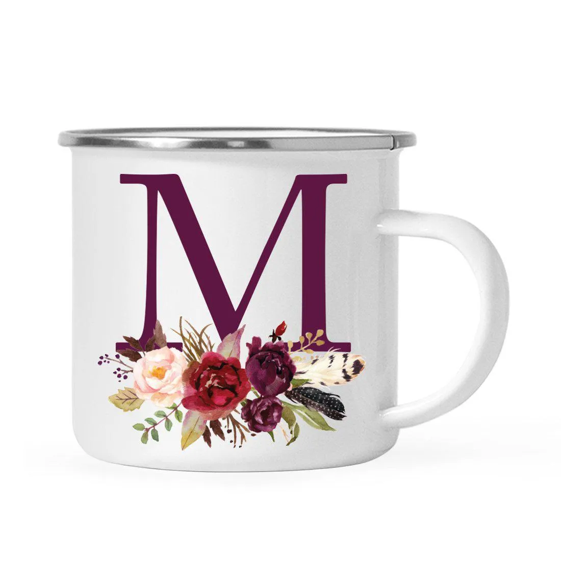 Andaz Press 11oz Bohemian Fall Autumn Burgundy Marsala Floral Flower and Feathers Arrangement Monogram Campfire Coffee Mug