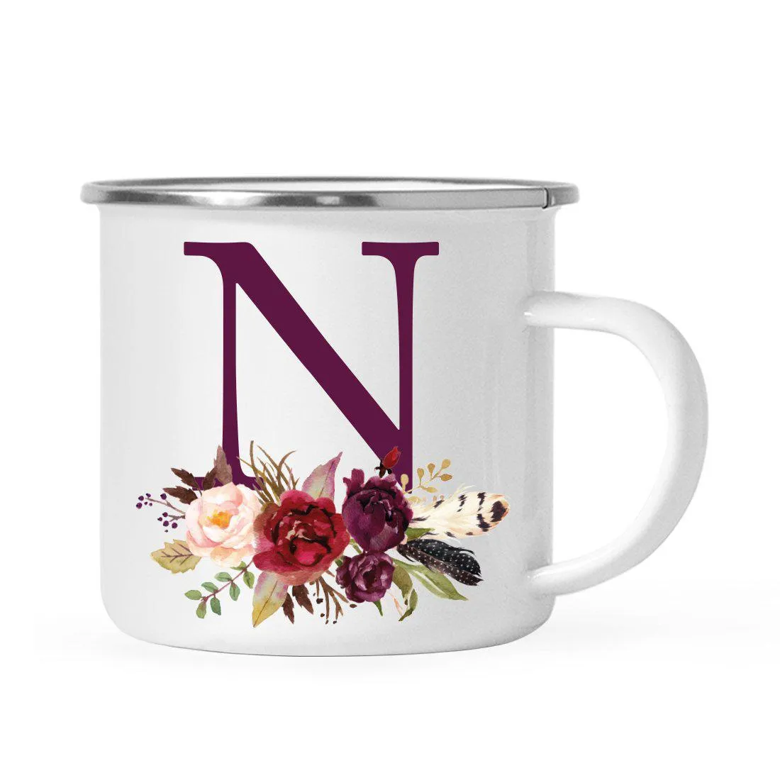 Andaz Press 11oz Bohemian Fall Autumn Burgundy Marsala Floral Flower and Feathers Arrangement Monogram Campfire Coffee Mug