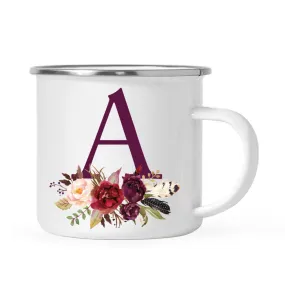 Andaz Press 11oz Bohemian Fall Autumn Burgundy Marsala Floral Flower and Feathers Arrangement Monogram Campfire Coffee Mug