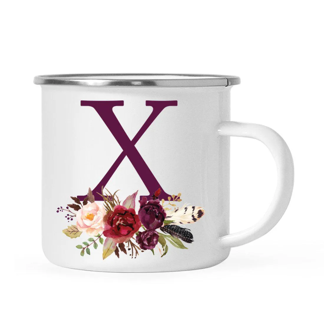 Andaz Press 11oz Bohemian Fall Autumn Burgundy Marsala Floral Flower and Feathers Arrangement Monogram Campfire Coffee Mug