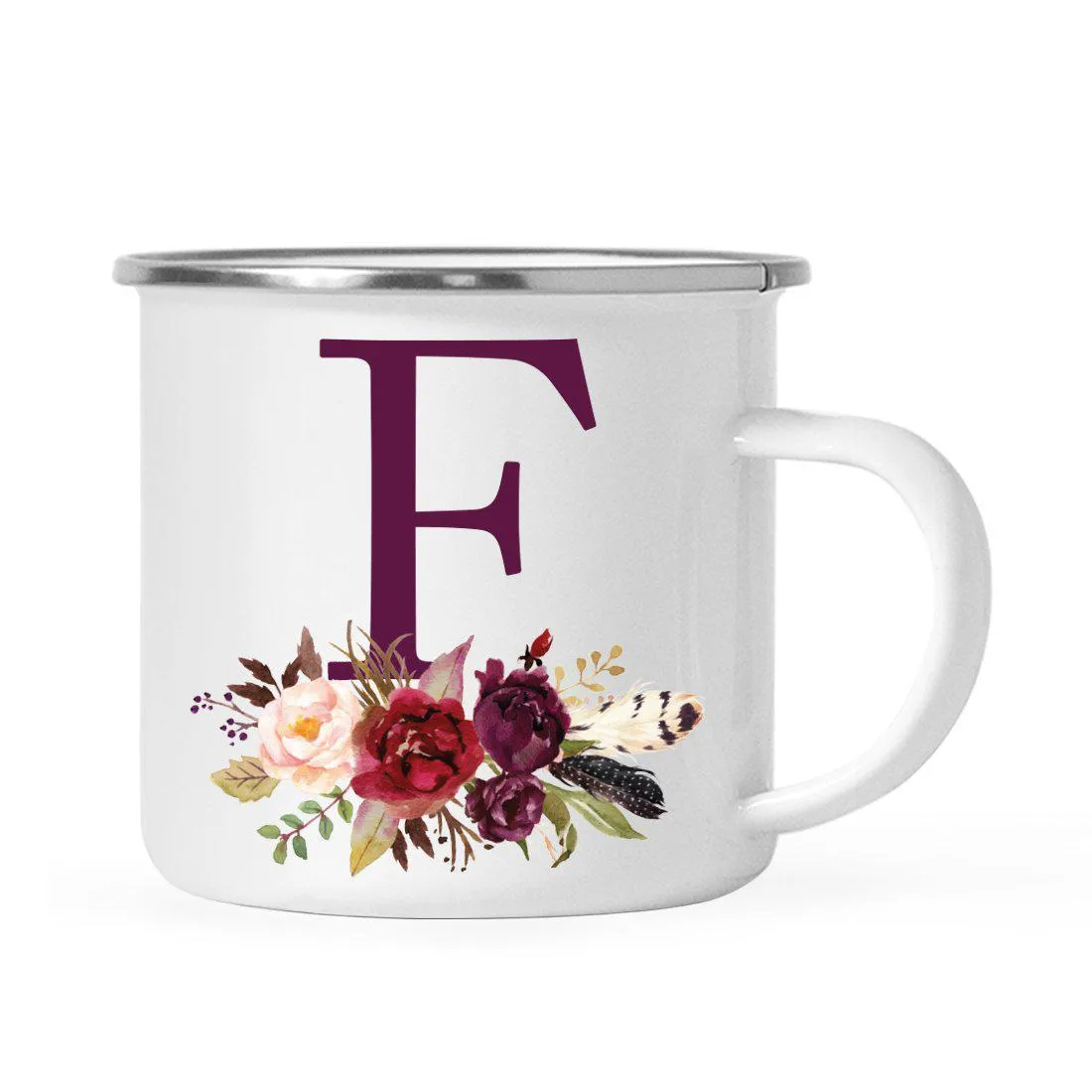 Andaz Press 11oz Bohemian Fall Autumn Burgundy Marsala Floral Flower and Feathers Arrangement Monogram Campfire Coffee Mug