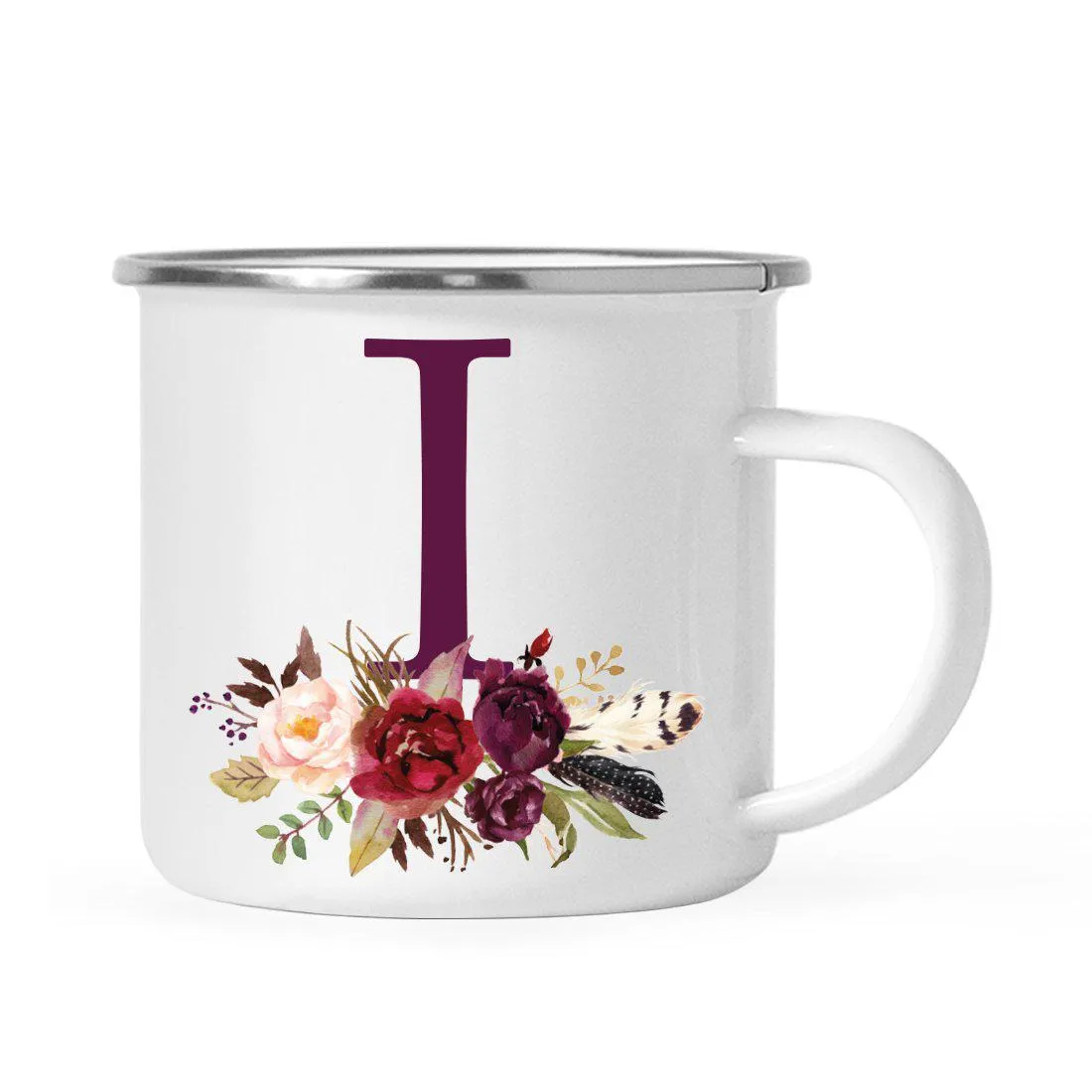 Andaz Press 11oz Bohemian Fall Autumn Burgundy Marsala Floral Flower and Feathers Arrangement Monogram Campfire Coffee Mug