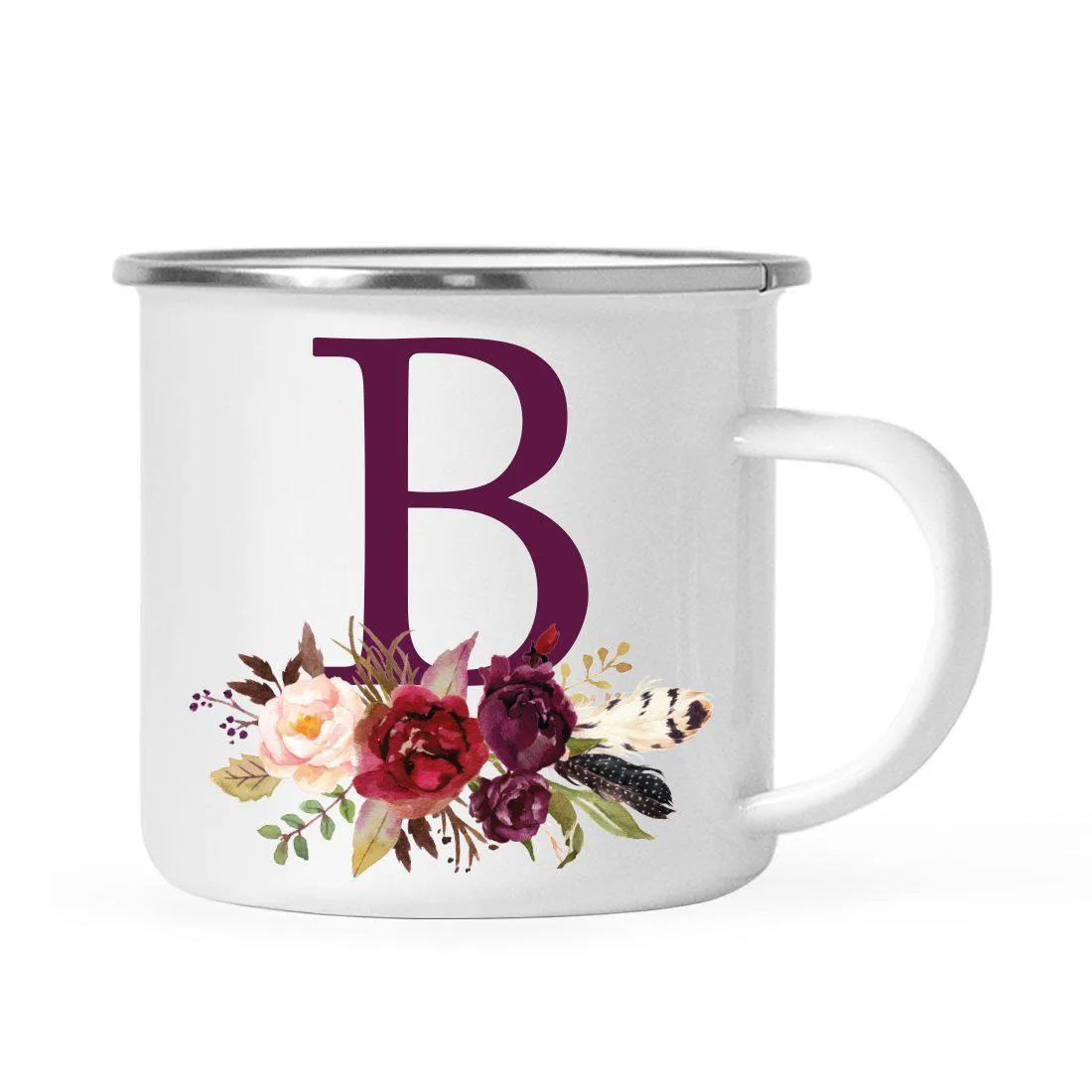 Andaz Press 11oz Bohemian Fall Autumn Burgundy Marsala Floral Flower and Feathers Arrangement Monogram Campfire Coffee Mug