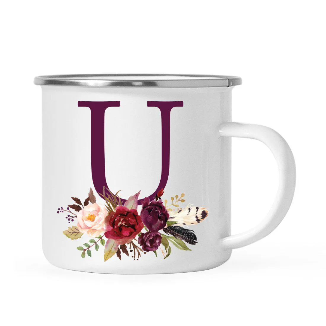 Andaz Press 11oz Bohemian Fall Autumn Burgundy Marsala Floral Flower and Feathers Arrangement Monogram Campfire Coffee Mug