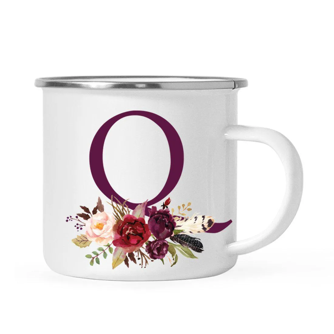 Andaz Press 11oz Bohemian Fall Autumn Burgundy Marsala Floral Flower and Feathers Arrangement Monogram Campfire Coffee Mug