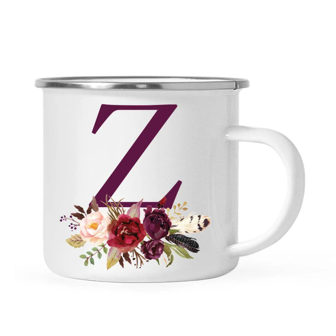 Andaz Press 11oz Bohemian Fall Autumn Burgundy Marsala Floral Flower and Feathers Arrangement Monogram Campfire Coffee Mug