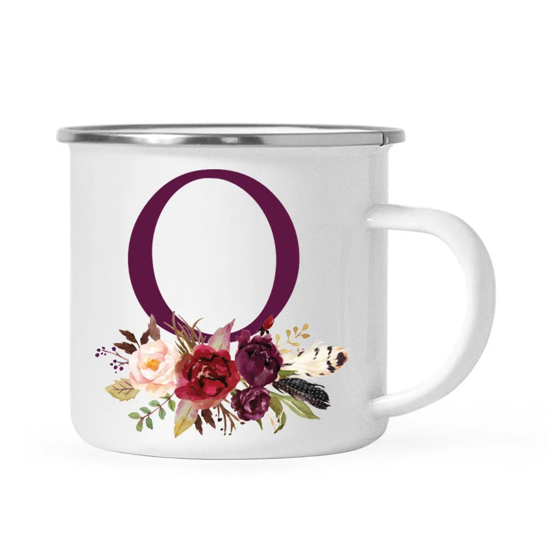 Andaz Press 11oz Bohemian Fall Autumn Burgundy Marsala Floral Flower and Feathers Arrangement Monogram Campfire Coffee Mug