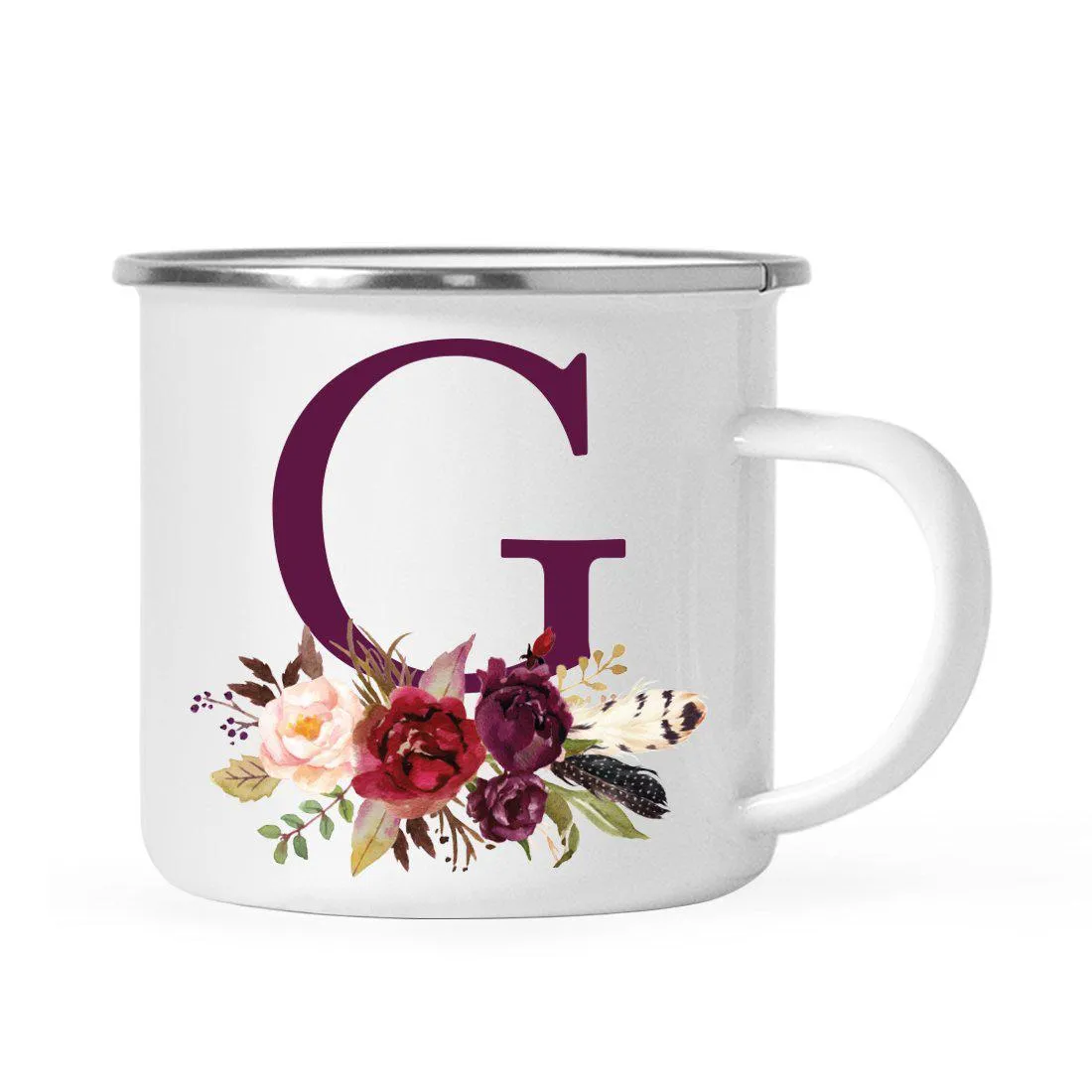 Andaz Press 11oz Bohemian Fall Autumn Burgundy Marsala Floral Flower and Feathers Arrangement Monogram Campfire Coffee Mug