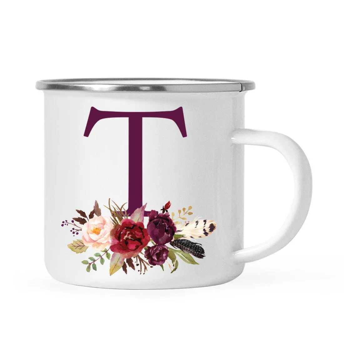 Andaz Press 11oz Bohemian Fall Autumn Burgundy Marsala Floral Flower and Feathers Arrangement Monogram Campfire Coffee Mug