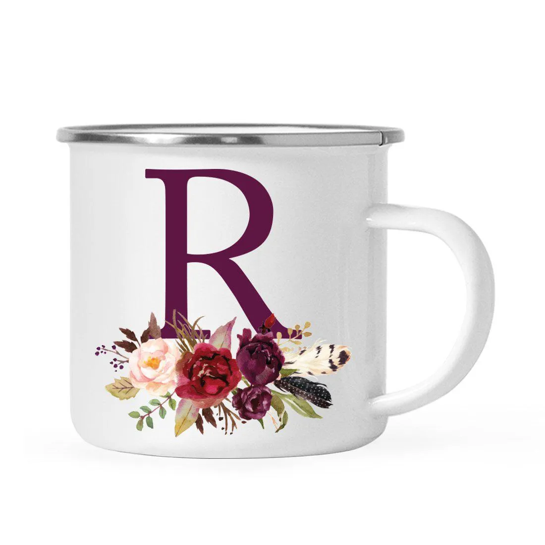 Andaz Press 11oz Bohemian Fall Autumn Burgundy Marsala Floral Flower and Feathers Arrangement Monogram Campfire Coffee Mug