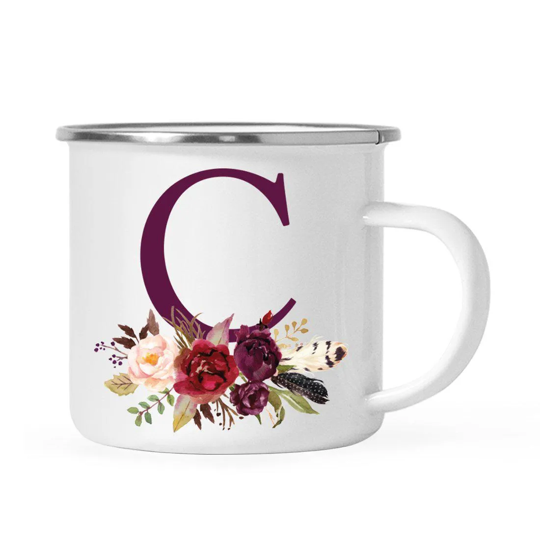 Andaz Press 11oz Bohemian Fall Autumn Burgundy Marsala Floral Flower and Feathers Arrangement Monogram Campfire Coffee Mug