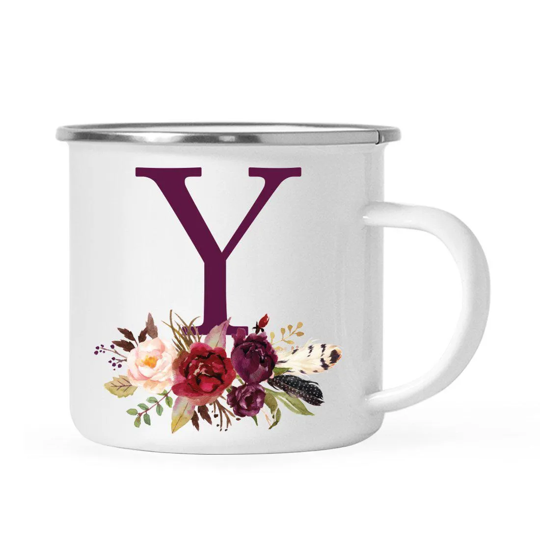 Andaz Press 11oz Bohemian Fall Autumn Burgundy Marsala Floral Flower and Feathers Arrangement Monogram Campfire Coffee Mug