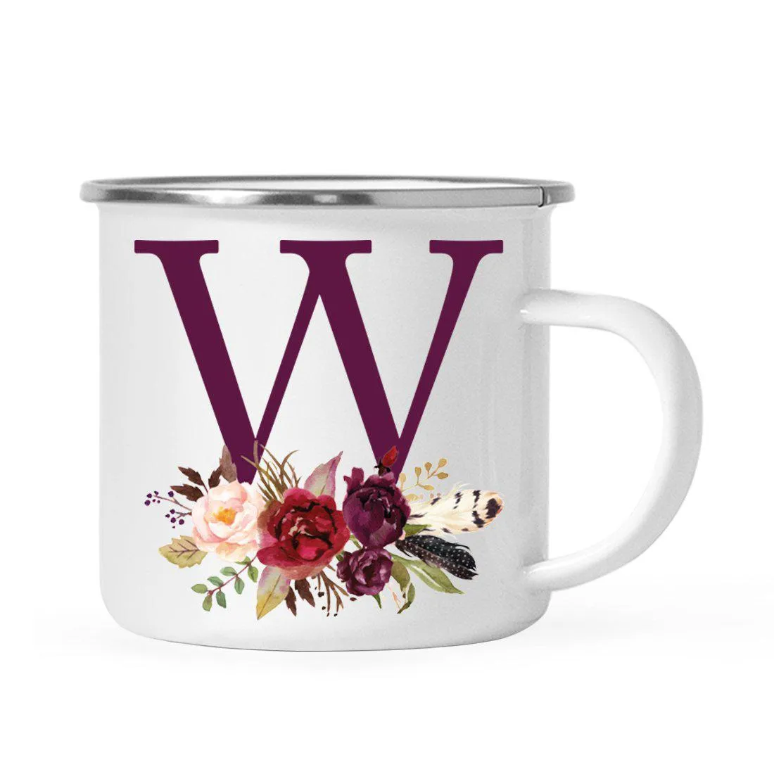 Andaz Press 11oz Bohemian Fall Autumn Burgundy Marsala Floral Flower and Feathers Arrangement Monogram Campfire Coffee Mug