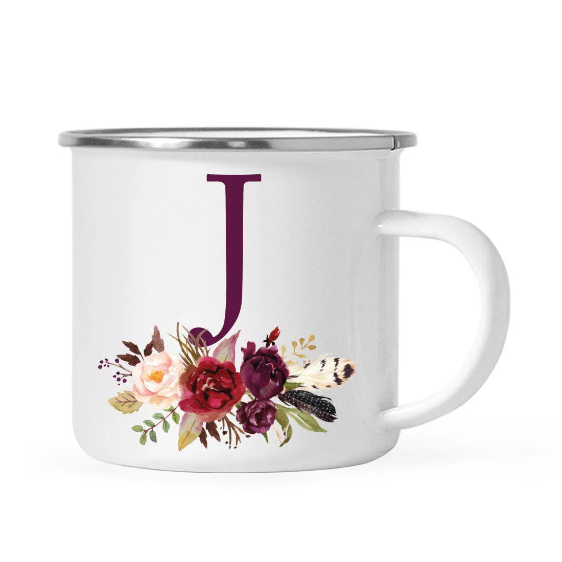 Andaz Press 11oz Bohemian Fall Autumn Burgundy Marsala Floral Flower and Feathers Arrangement Monogram Campfire Coffee Mug