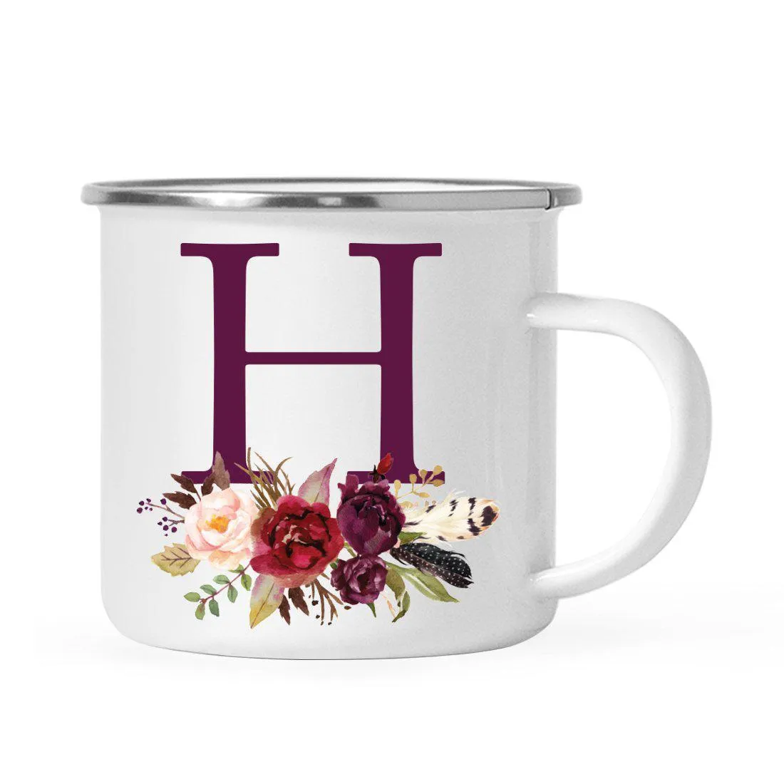 Andaz Press 11oz Bohemian Fall Autumn Burgundy Marsala Floral Flower and Feathers Arrangement Monogram Campfire Coffee Mug