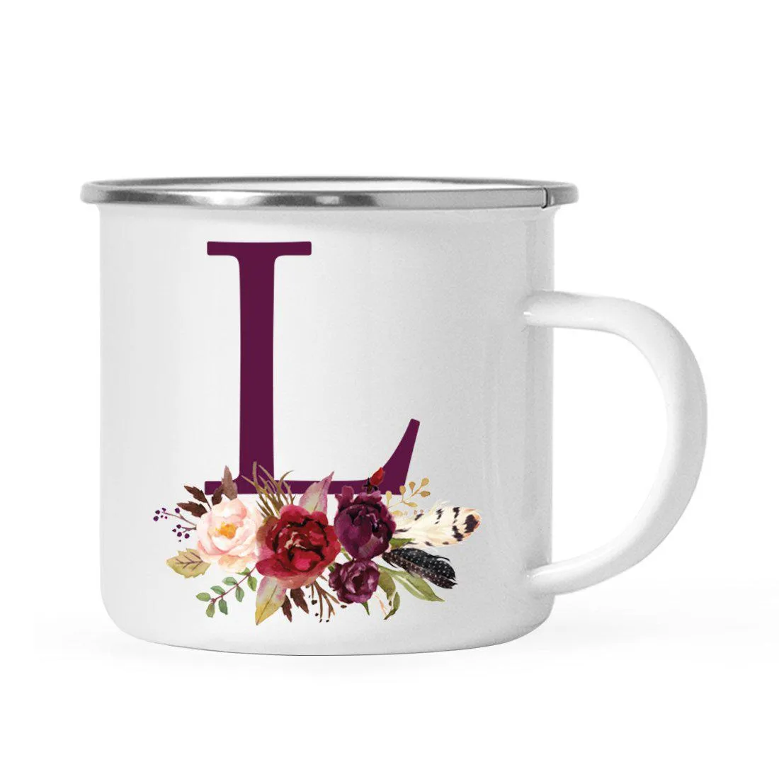 Andaz Press 11oz Bohemian Fall Autumn Burgundy Marsala Floral Flower and Feathers Arrangement Monogram Campfire Coffee Mug