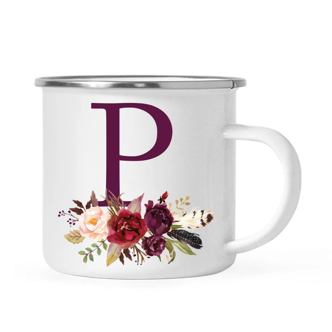 Andaz Press 11oz Bohemian Fall Autumn Burgundy Marsala Floral Flower and Feathers Arrangement Monogram Campfire Coffee Mug