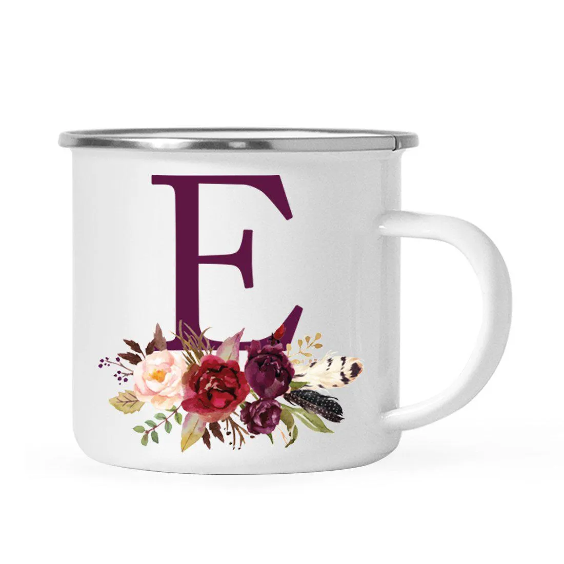 Andaz Press 11oz Bohemian Fall Autumn Burgundy Marsala Floral Flower and Feathers Arrangement Monogram Campfire Coffee Mug