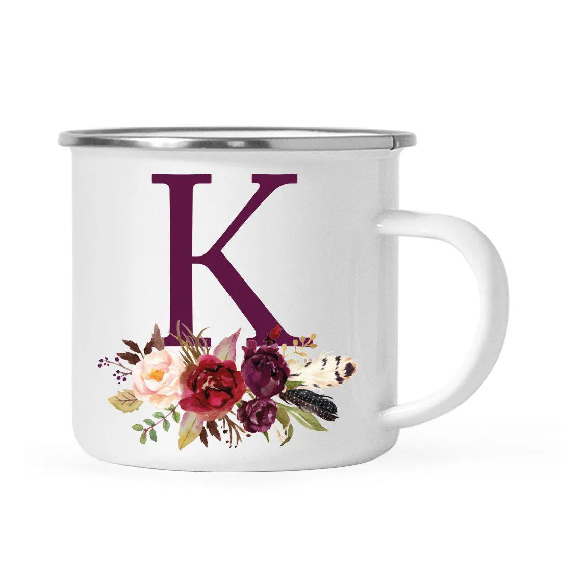 Andaz Press 11oz Bohemian Fall Autumn Burgundy Marsala Floral Flower and Feathers Arrangement Monogram Campfire Coffee Mug