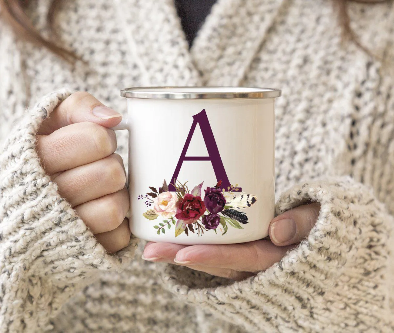 Andaz Press 11oz Bohemian Fall Autumn Burgundy Marsala Floral Flower and Feathers Arrangement Monogram Campfire Coffee Mug