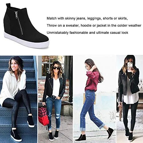 Athlefit Women's Hidden Wedge Sneakers Platform Booties Casual Shoes Wedgie Sneakers Size 6 Black