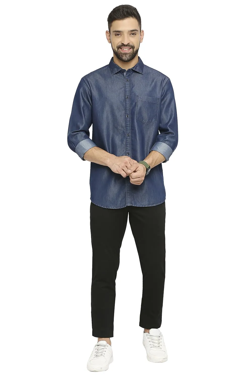 Basics Slim Fit Cotton Polyester Indigo Shirt