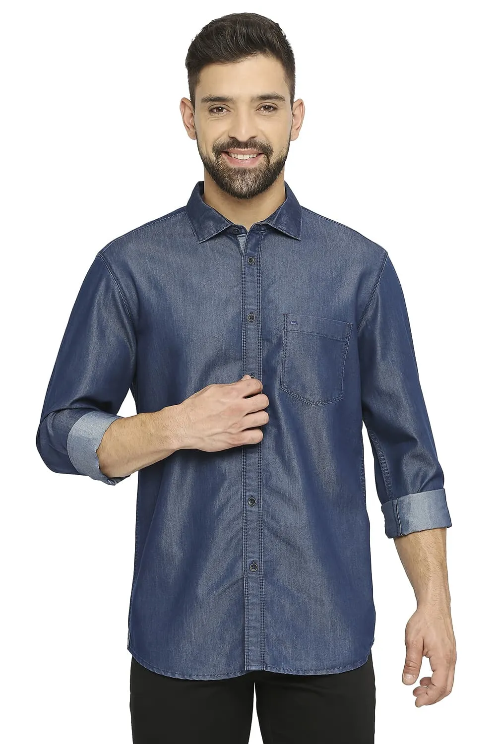 Basics Slim Fit Cotton Polyester Indigo Shirt