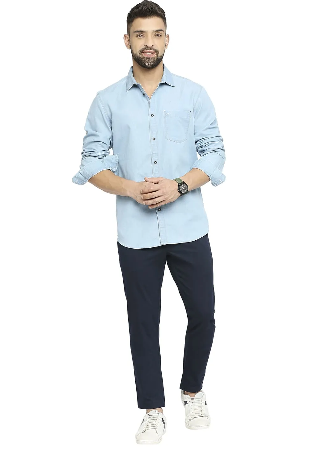 Basics Slim Fit Cotton Polyester Indigo Shirt