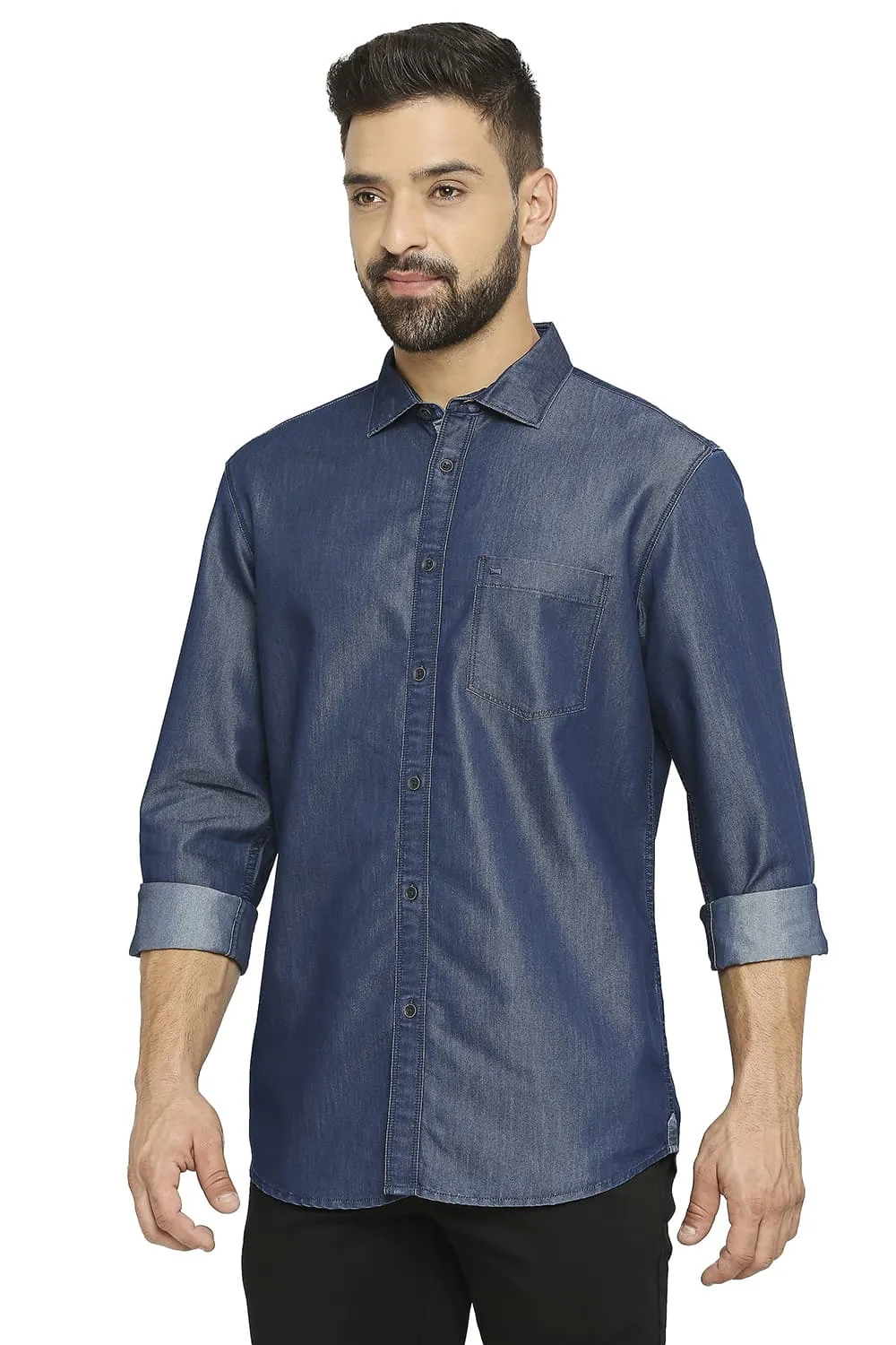 Basics Slim Fit Cotton Polyester Indigo Shirt