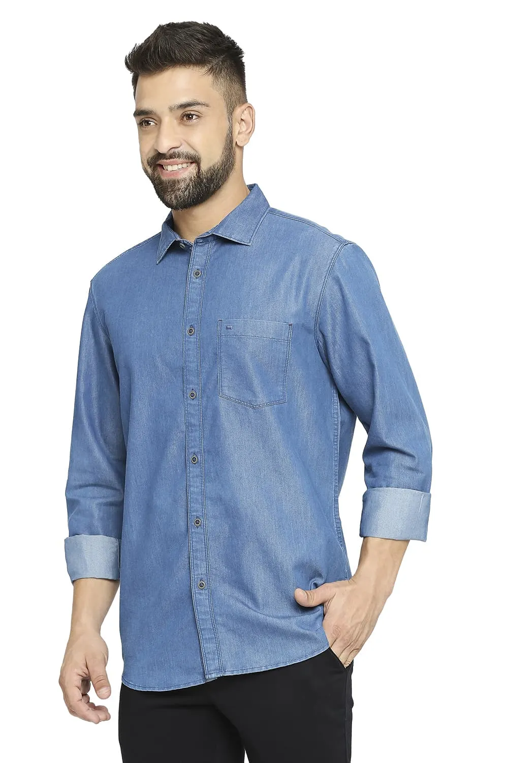 Basics Slim Fit Cotton Polyester Indigo Shirt