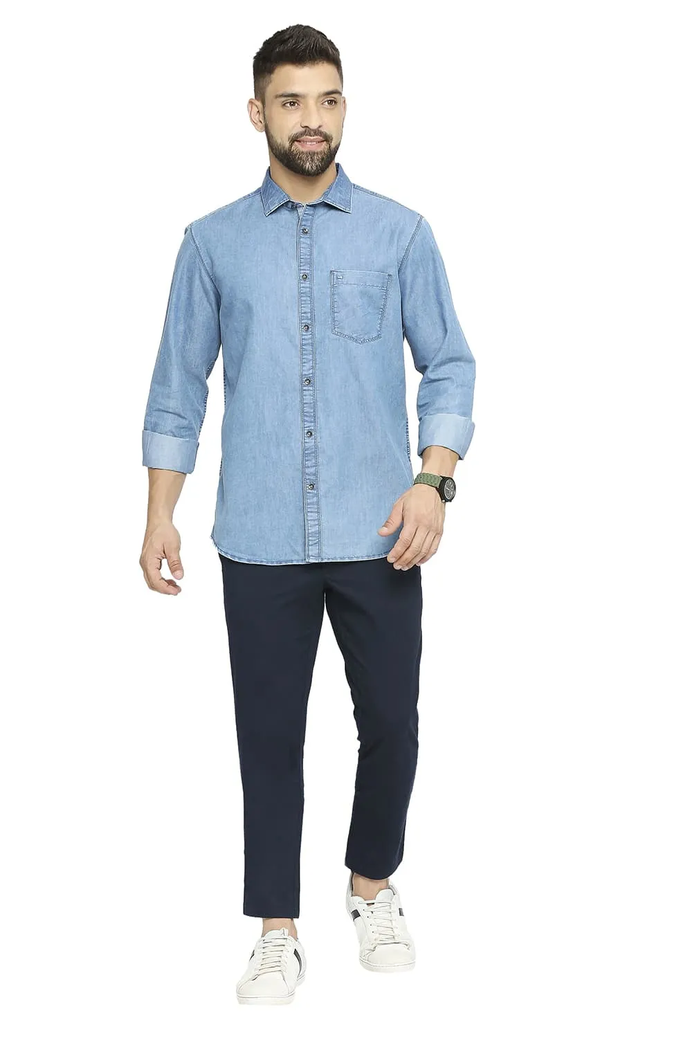 Basics Slim Fit Cotton Polyester Indigo Shirt