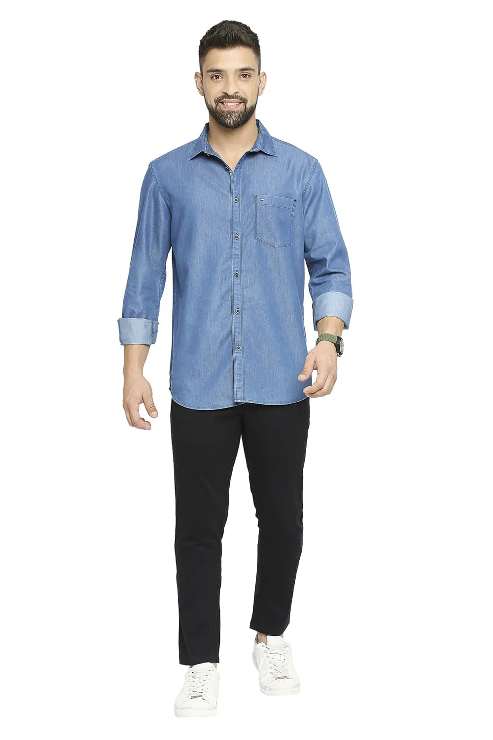 Basics Slim Fit Cotton Polyester Indigo Shirt