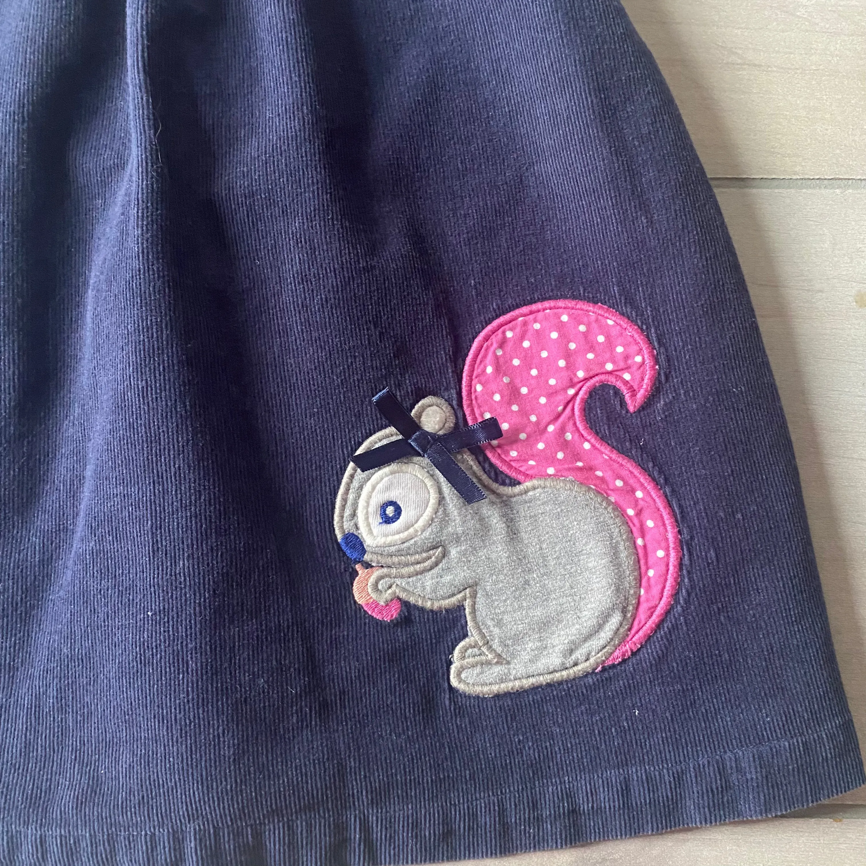 Beebay Corduroy Navy Squirrel Applique Pinnie Dress