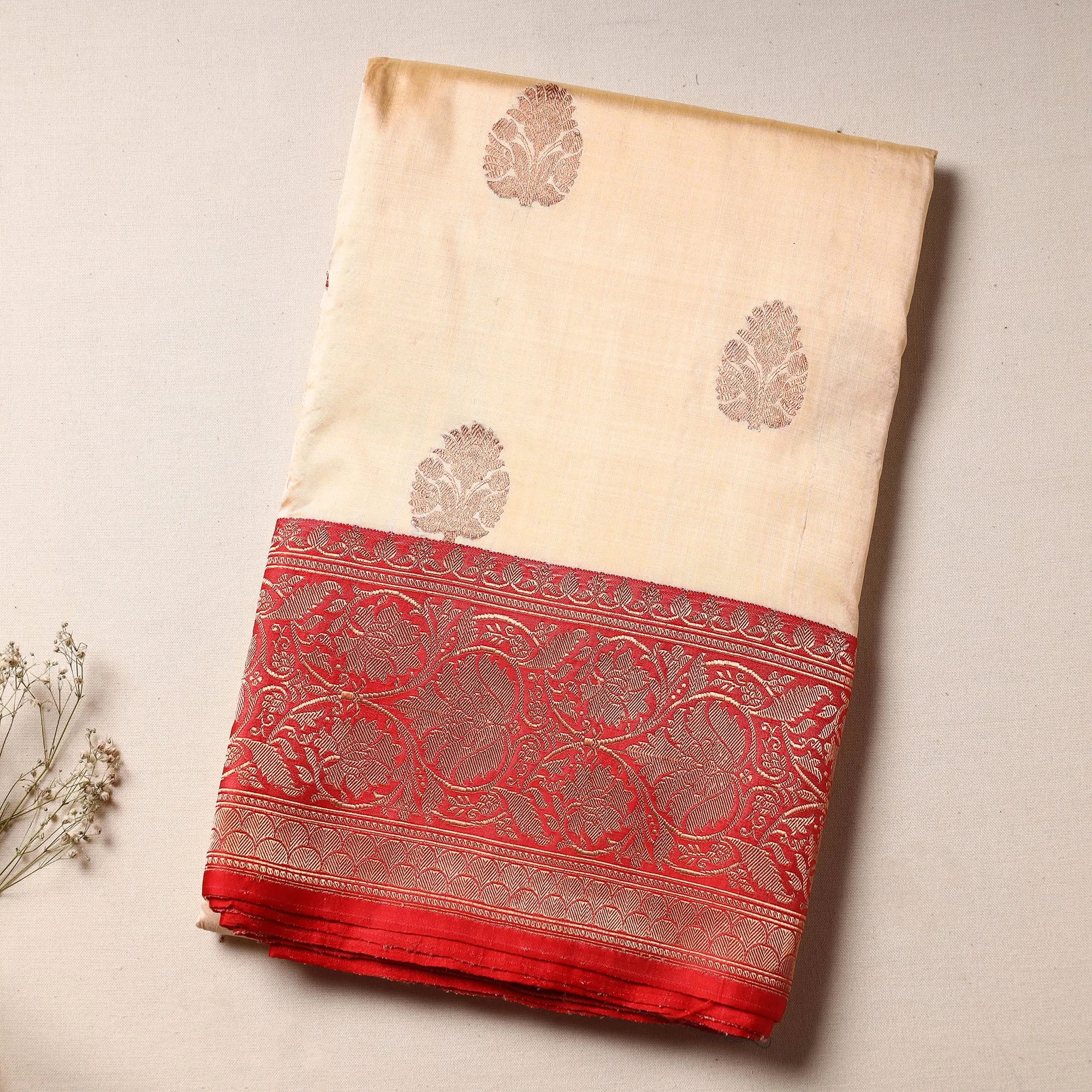 Beige - Banarasi Handloom Pure Katan Silk Kaduwa Zari Buti Saree