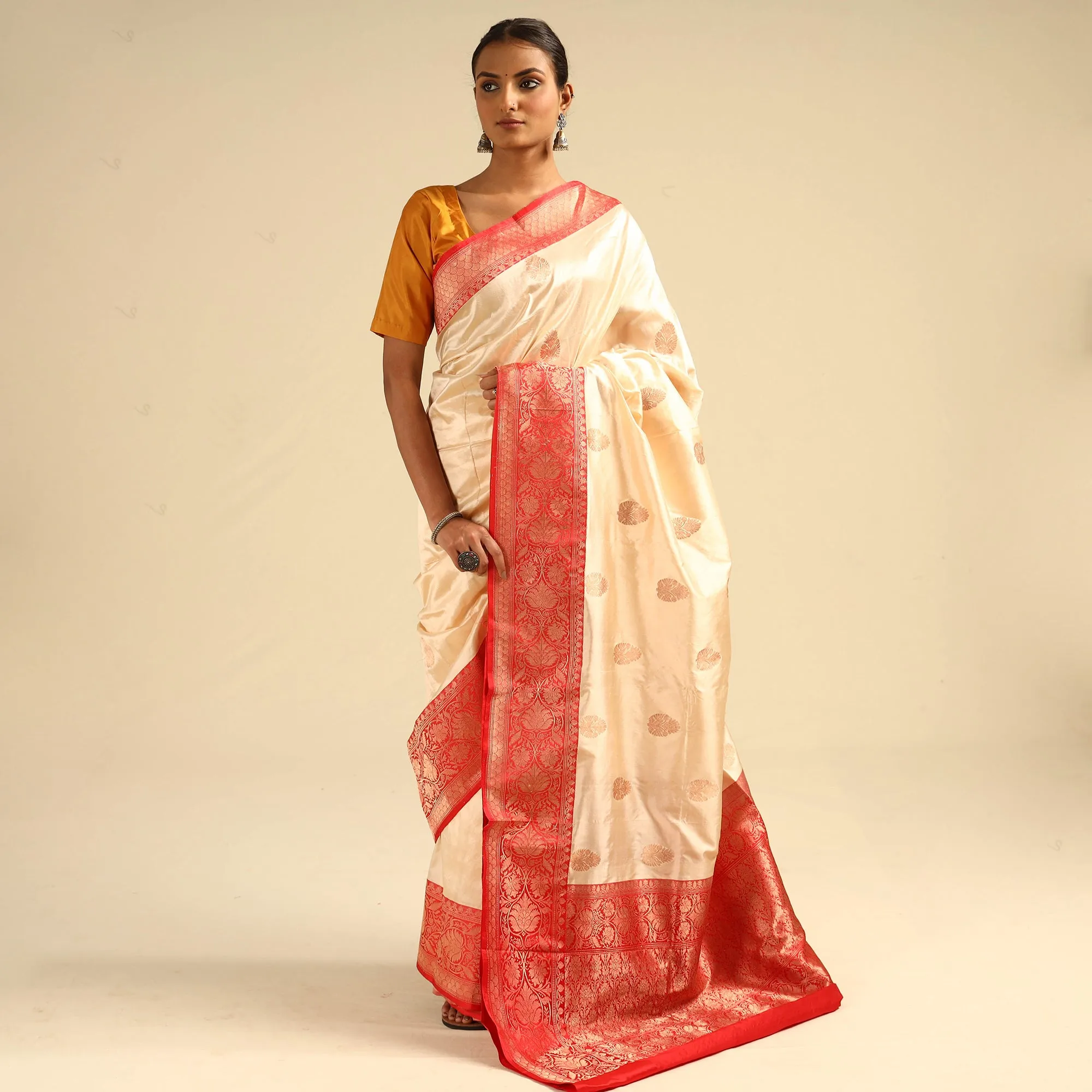 Beige - Banarasi Handloom Pure Katan Silk Kaduwa Zari Buti Saree