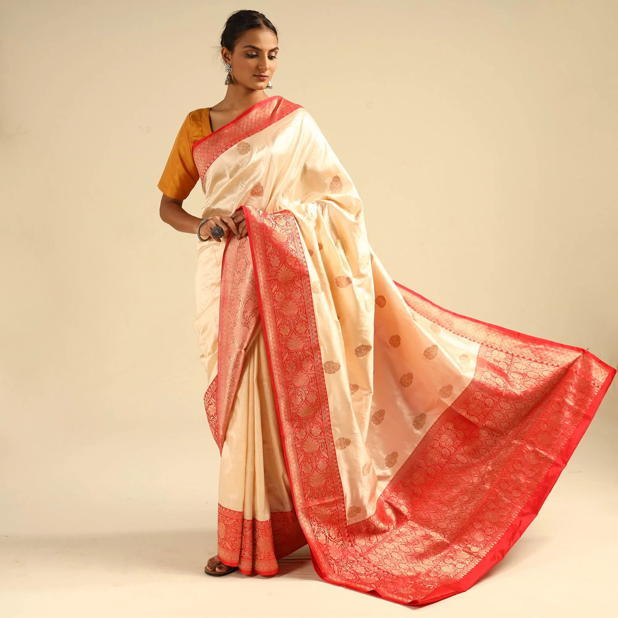 Beige - Banarasi Handloom Pure Katan Silk Kaduwa Zari Buti Saree