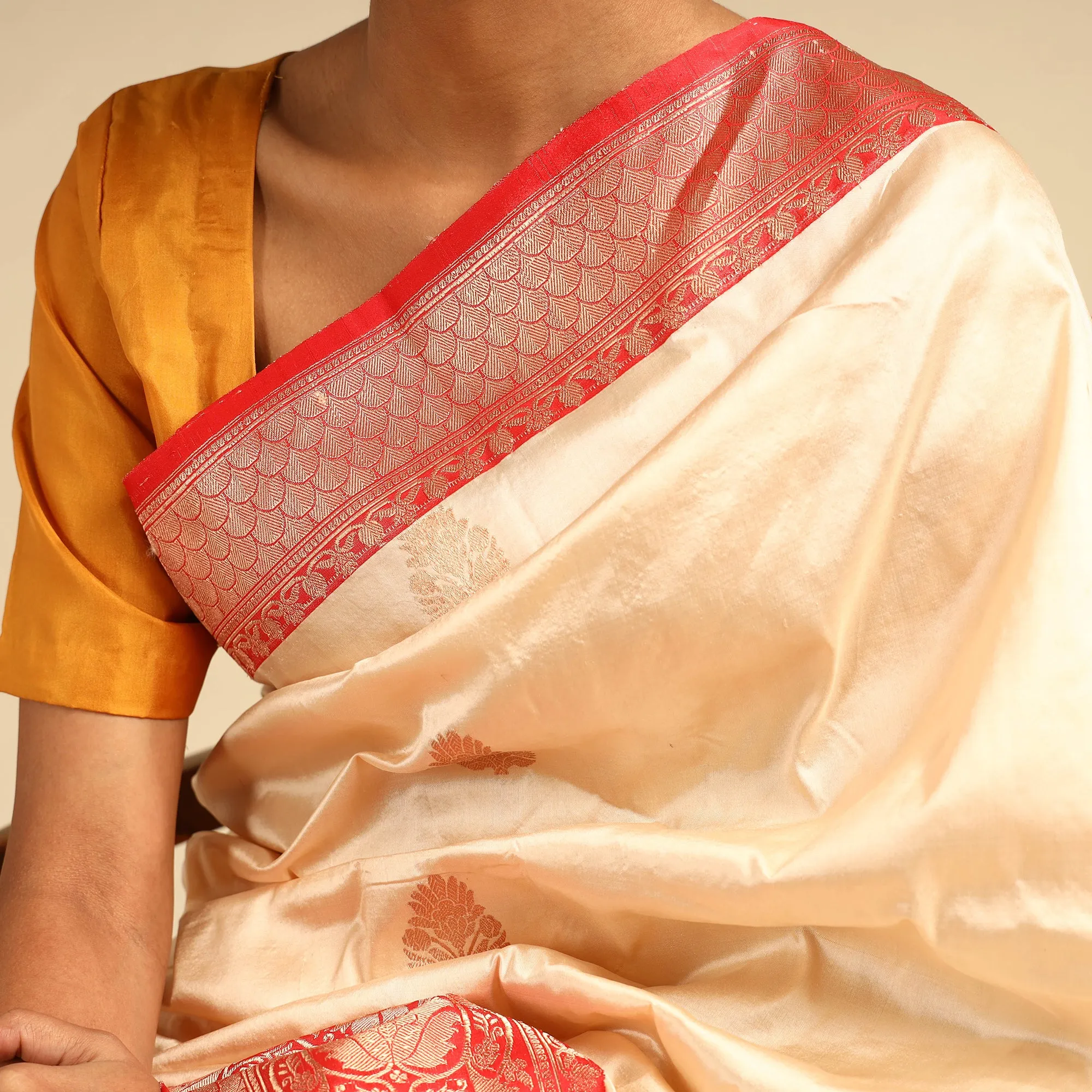 Beige - Banarasi Handloom Pure Katan Silk Kaduwa Zari Buti Saree