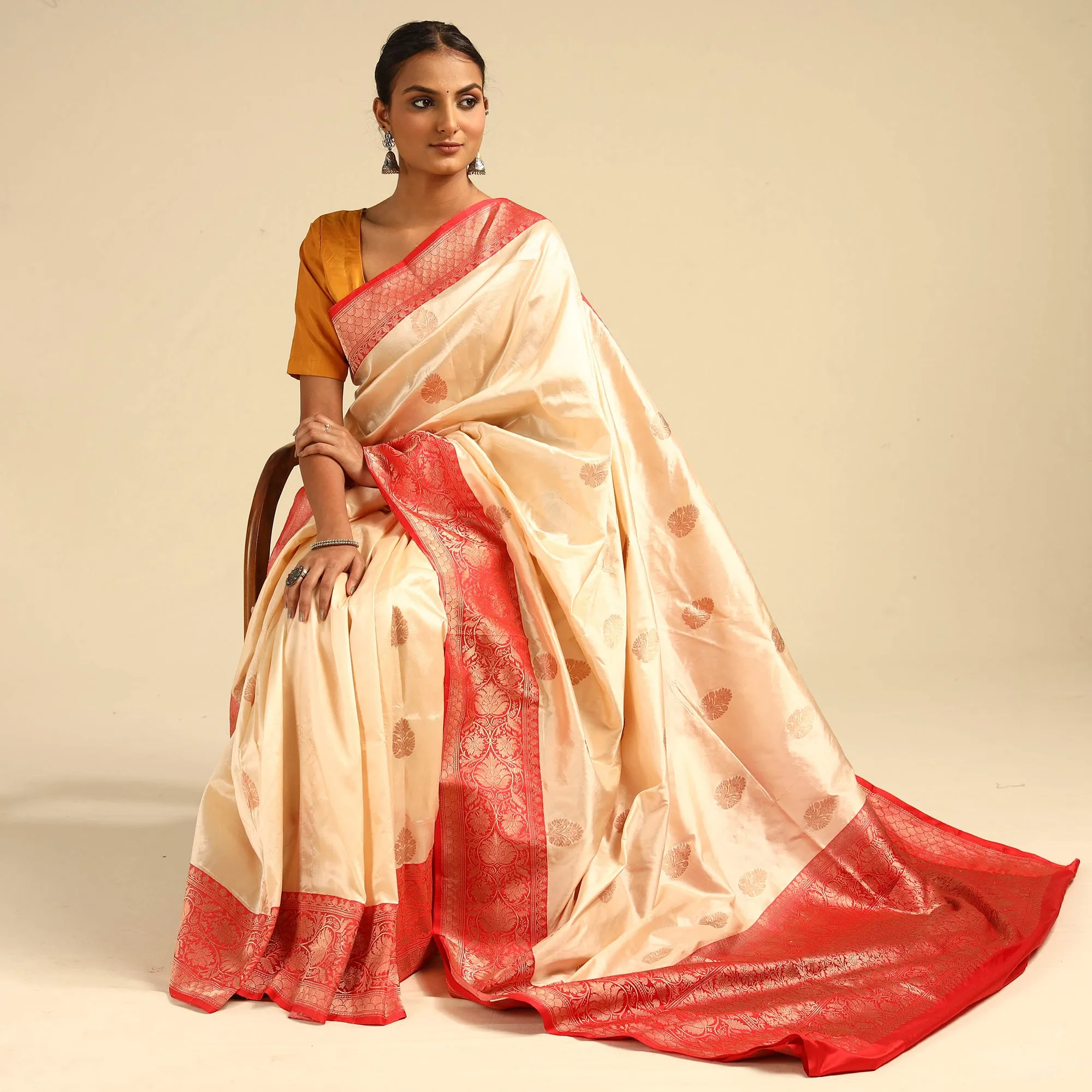 Beige - Banarasi Handloom Pure Katan Silk Kaduwa Zari Buti Saree